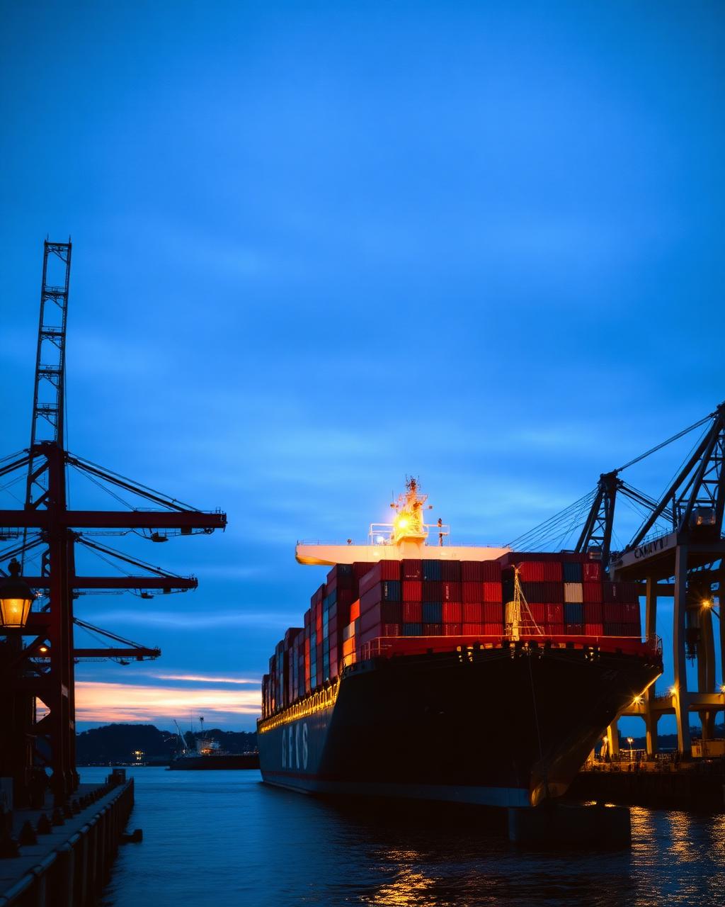 Container ship at a Sydney port at blue hour